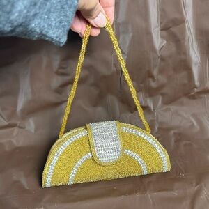 Gold Beaded Rhinestone Half-Moon Clutch with Strap